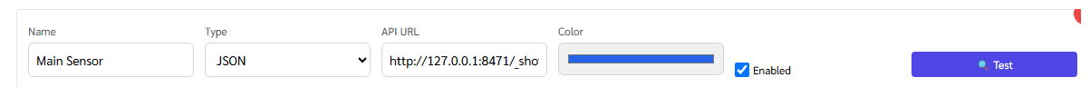หนึ่งแถวแบบใกล้ ๆ: Name · Type · API URL · Color · Enabled และปุ่ม 🔍 Test