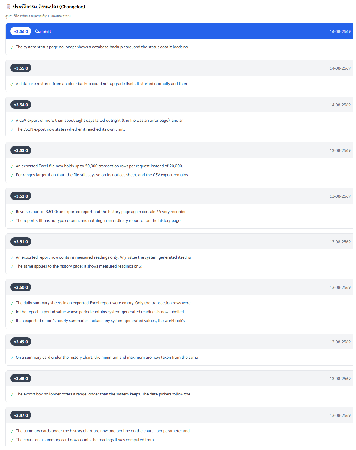 แท็บ Changelog — เลขรุ่นที่ใช้อยู่และสิ่งที่เปลี่ยนในแต่ละรุ่น